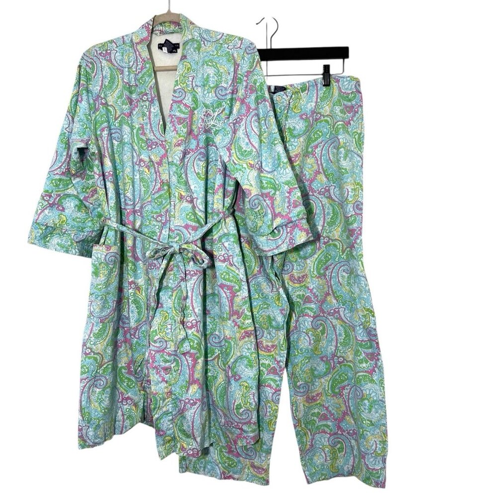 Vintage Ralph Lauren Robe Pant Set Womens M Paisley Terry Cloth Lined House Coat